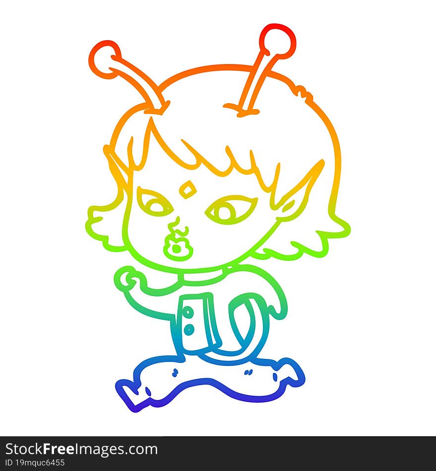 rainbow gradient line drawing pretty cartoon alien girl running