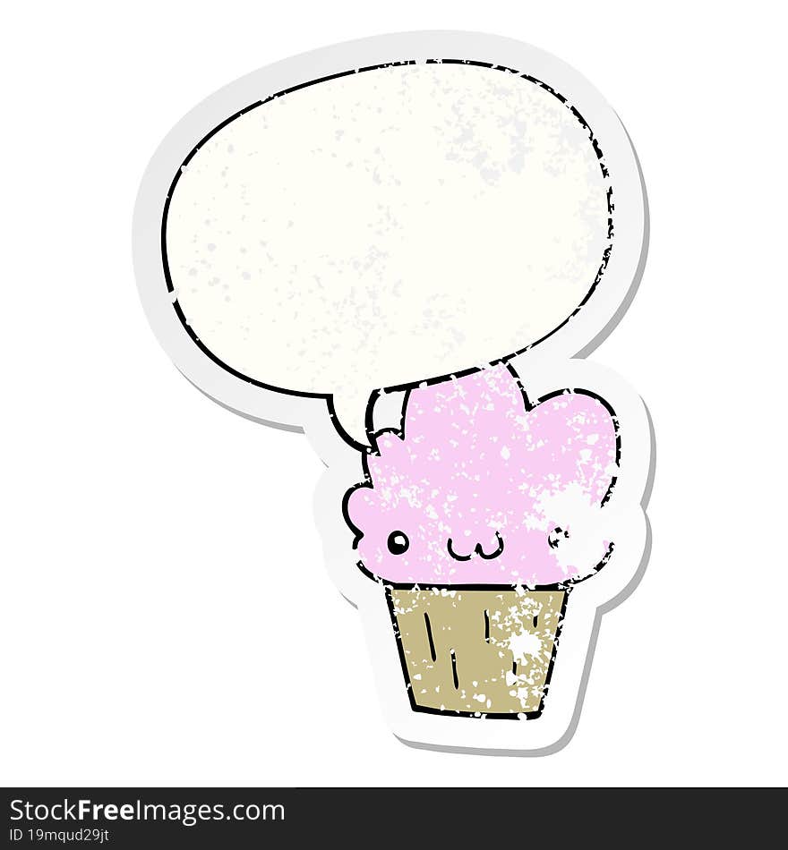 cartoon cupcake with face with speech bubble distressed distressed old sticker. cartoon cupcake with face with speech bubble distressed distressed old sticker