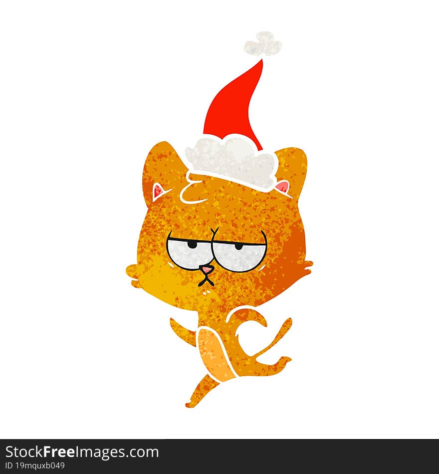 bored retro cartoon of a cat wearing santa hat