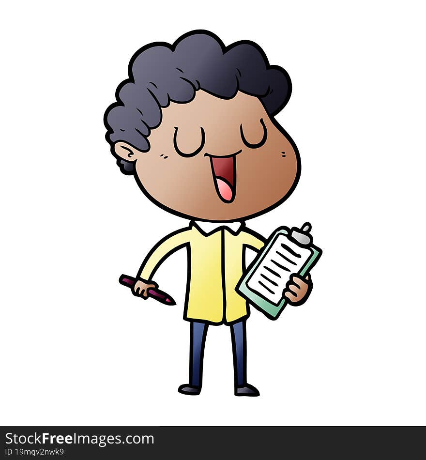 laughing cartoon man with clipboard and pen. laughing cartoon man with clipboard and pen