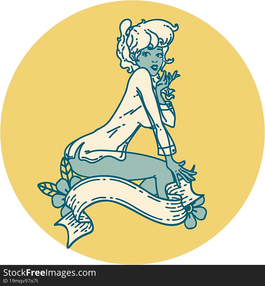 tattoo style icon of a pinup girl wearing a shirt with banner