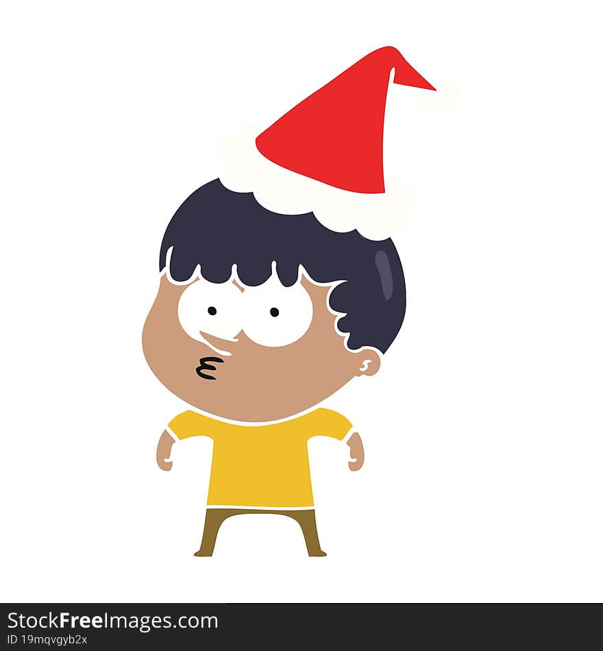 flat color illustration of a curious boy wearing santa hat