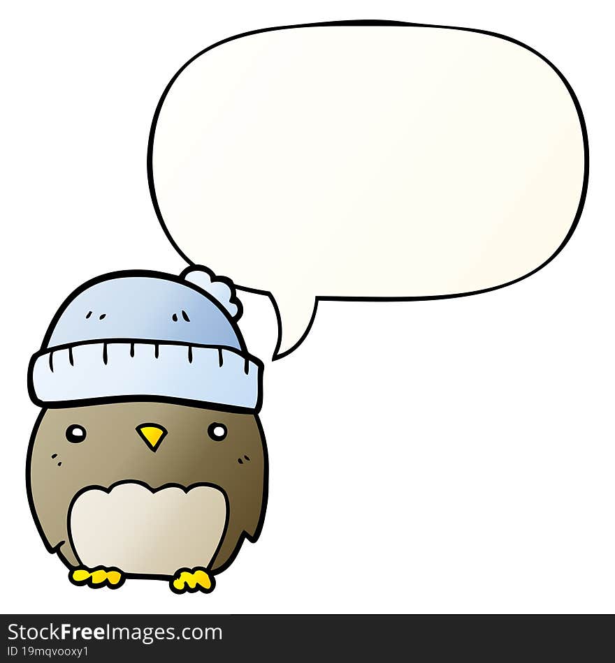 cute cartoon owl in hat and speech bubble in smooth gradient style