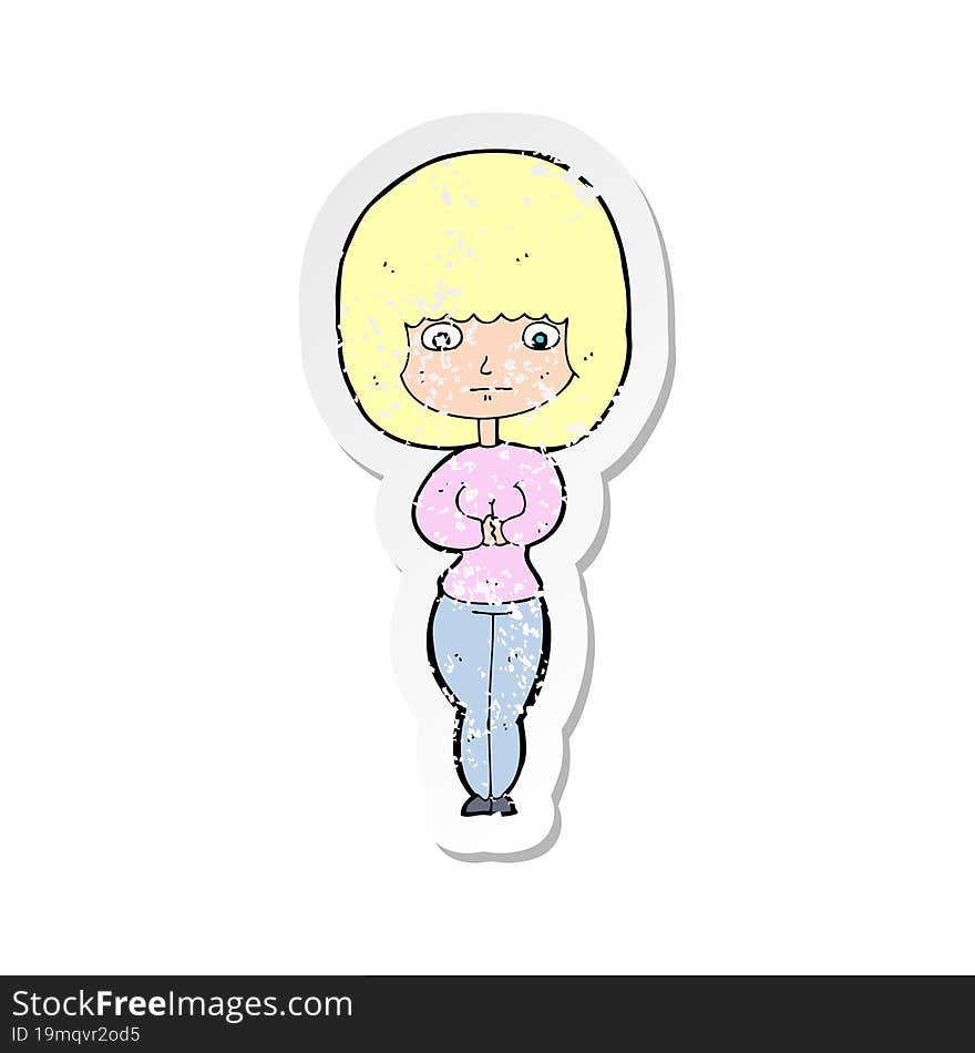 retro distressed sticker of a cartoon shy woman