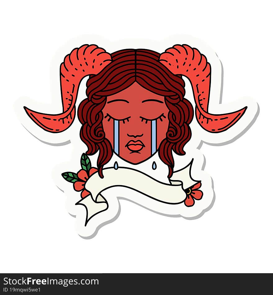 Crying Tiefling Character Face With Scroll Banner Sticker