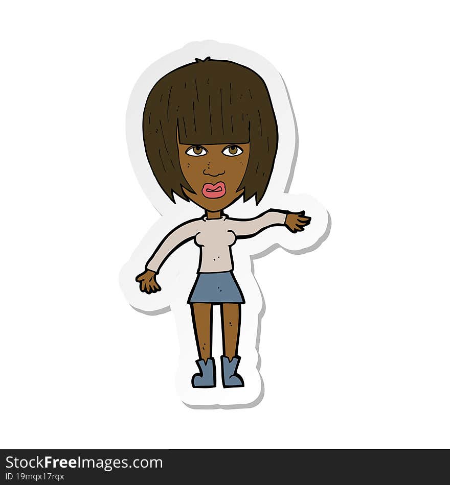 sticker of a cartoon woman waving away