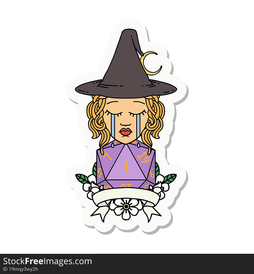 sticker of a crying human witch with natural one roll. sticker of a crying human witch with natural one roll