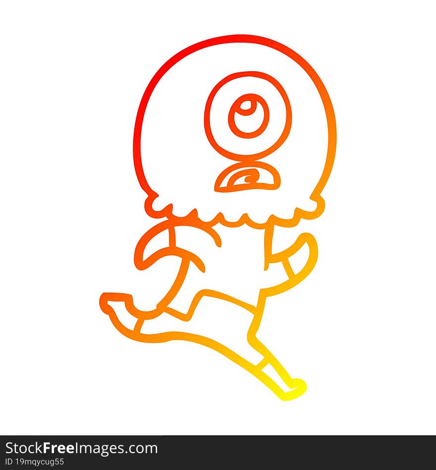 warm gradient line drawing of a cartoon cyclops alien spaceman running