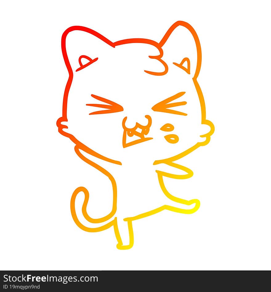 warm gradient line drawing of a cartoon cat hissing