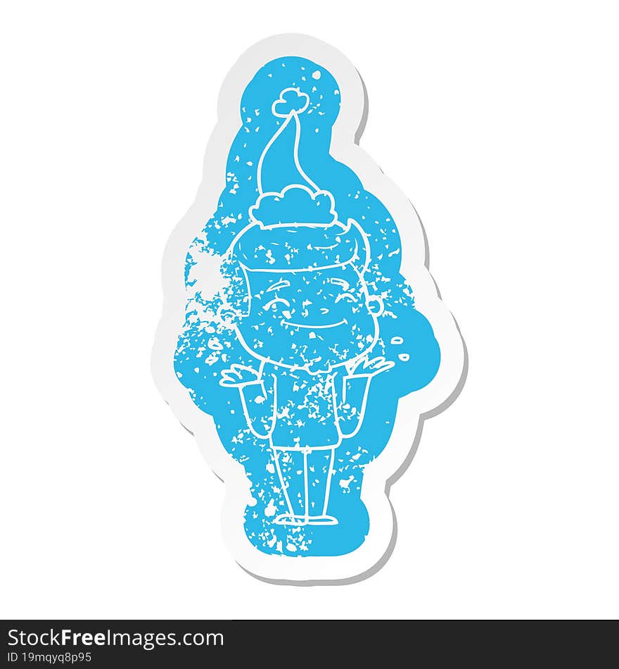 Happy Cartoon Distressed Sticker Of A Man Shrugging Wearing Santa Hat