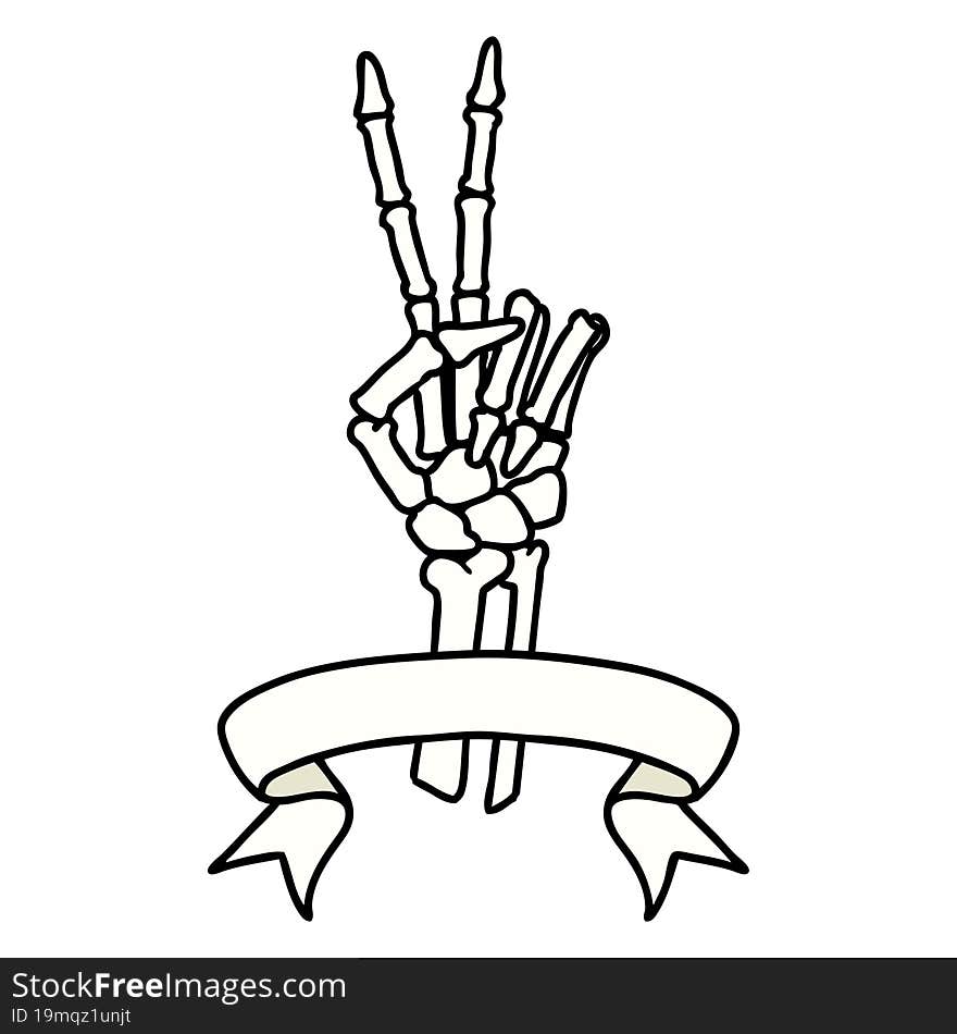 traditional tattoo with banner of a skeleton giving a peace sign. traditional tattoo with banner of a skeleton giving a peace sign