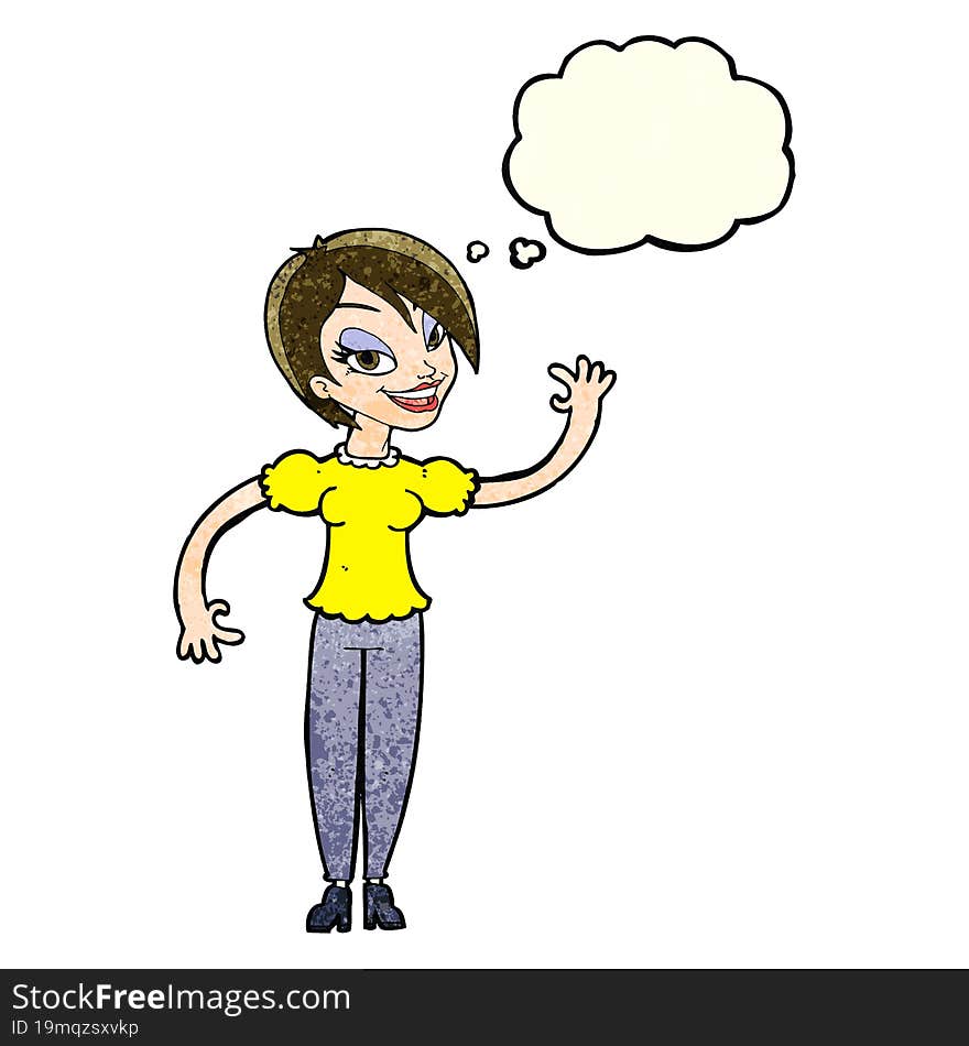 cartoon woman waving with thought bubble