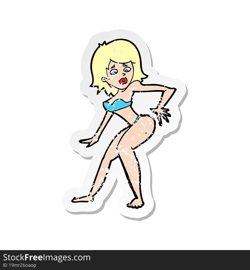 retro distressed sticker of a cartoon woman in bikini