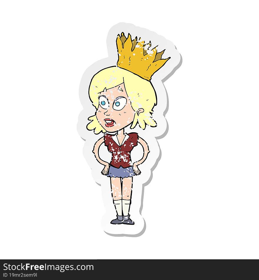 retro distressed sticker of a cartoon person wearing crown