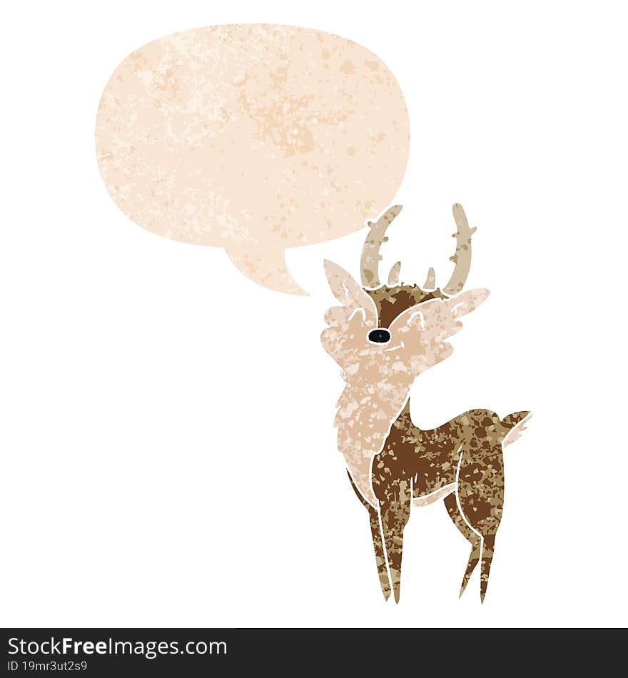 cartoon happy stag and speech bubble in retro textured style