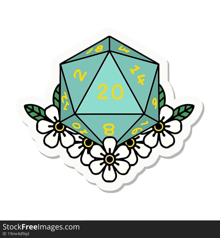 Natural 20 D20 Dice Roll With Floral Elements Sticker