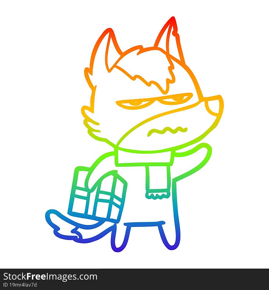 Rainbow Gradient Line Drawing Cartoon Annoyed Wolf