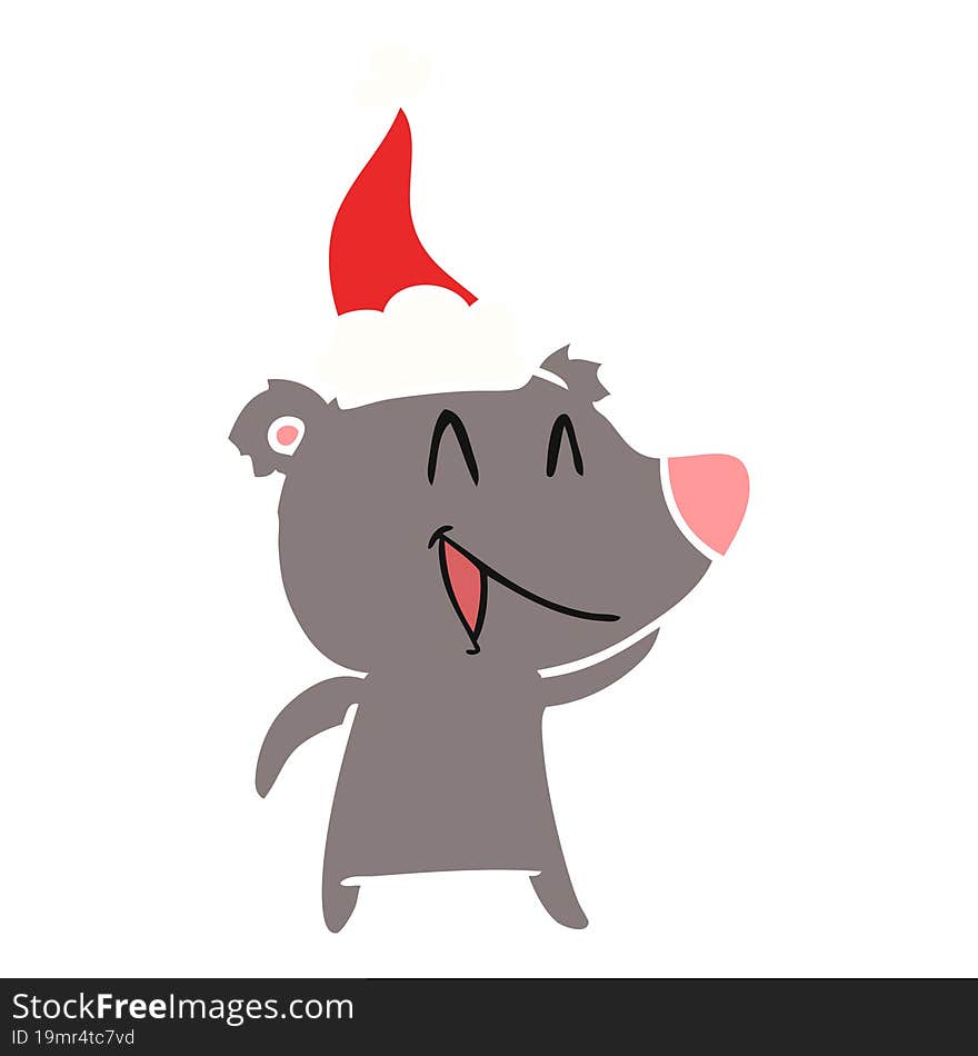 laughing bear hand drawn flat color illustration of a wearing santa hat. laughing bear hand drawn flat color illustration of a wearing santa hat