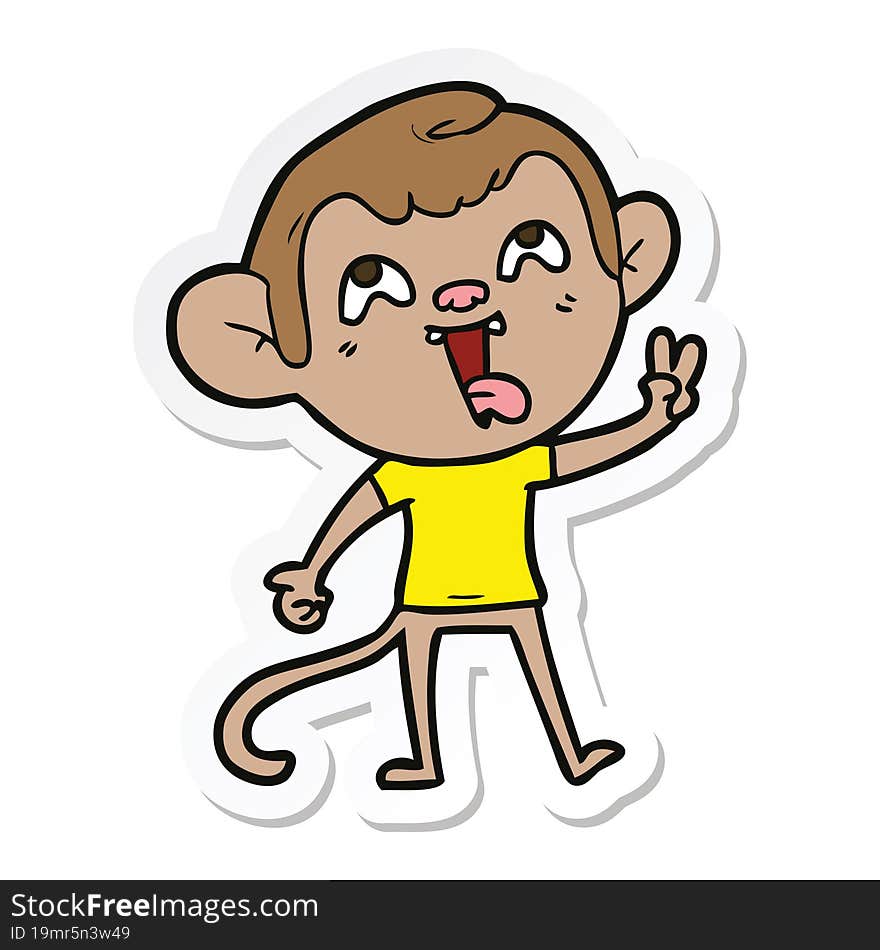 sticker of a crazy cartoon monkey giving peace sign