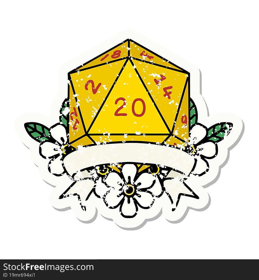 natural 20 critical hit D20 dice roll grunge sticker