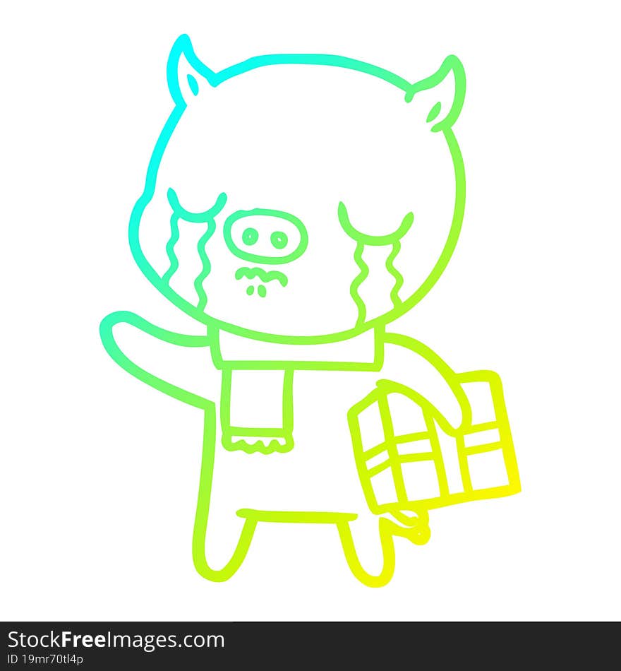 cold gradient line drawing of a cartoon pig crying over christmas present