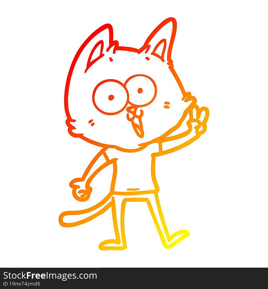 warm gradient line drawing of a funny cartoon cat giving peace sign