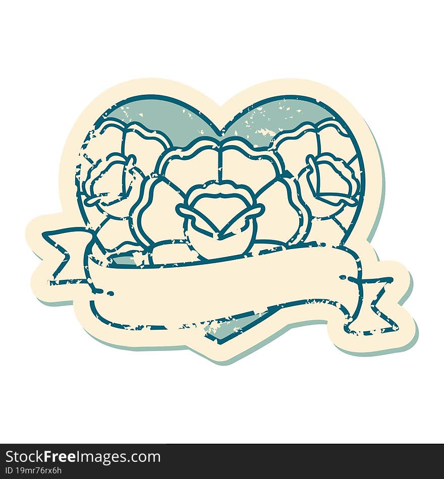 distressed sticker tattoo style icon of a heart and banner with flowers