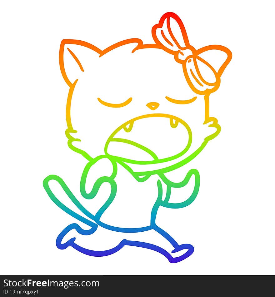 Rainbow Gradient Line Drawing Cartoon Yawning Cat