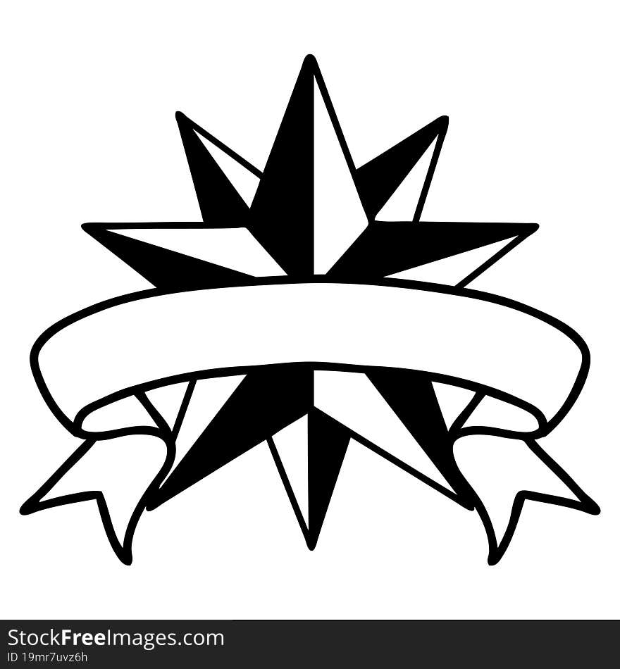 black linework tattoo with banner of a star