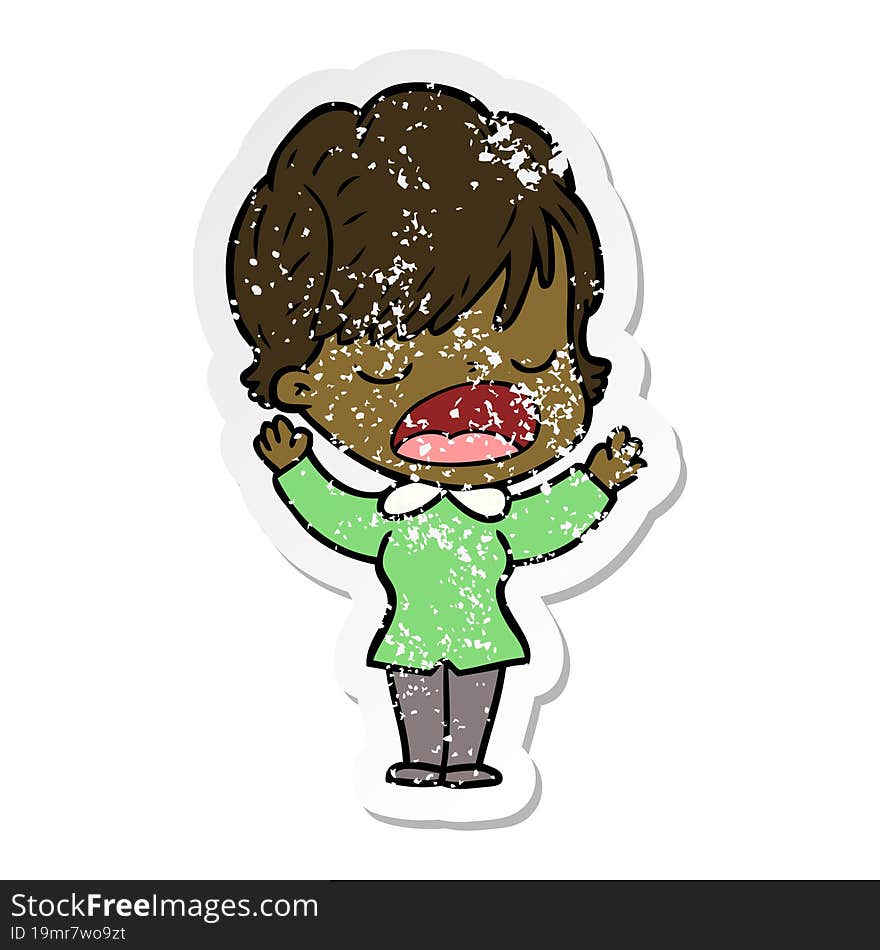 distressed sticker of a cartoon woman talking