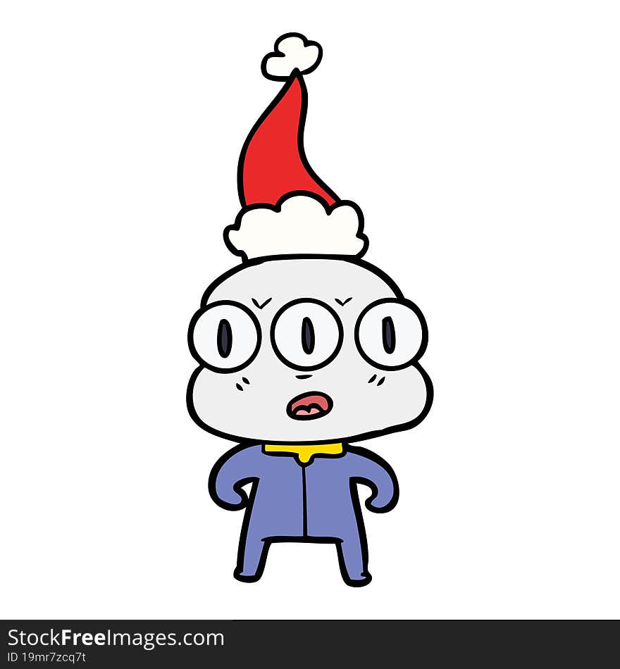 line drawing of a three eyed alien wearing santa hat