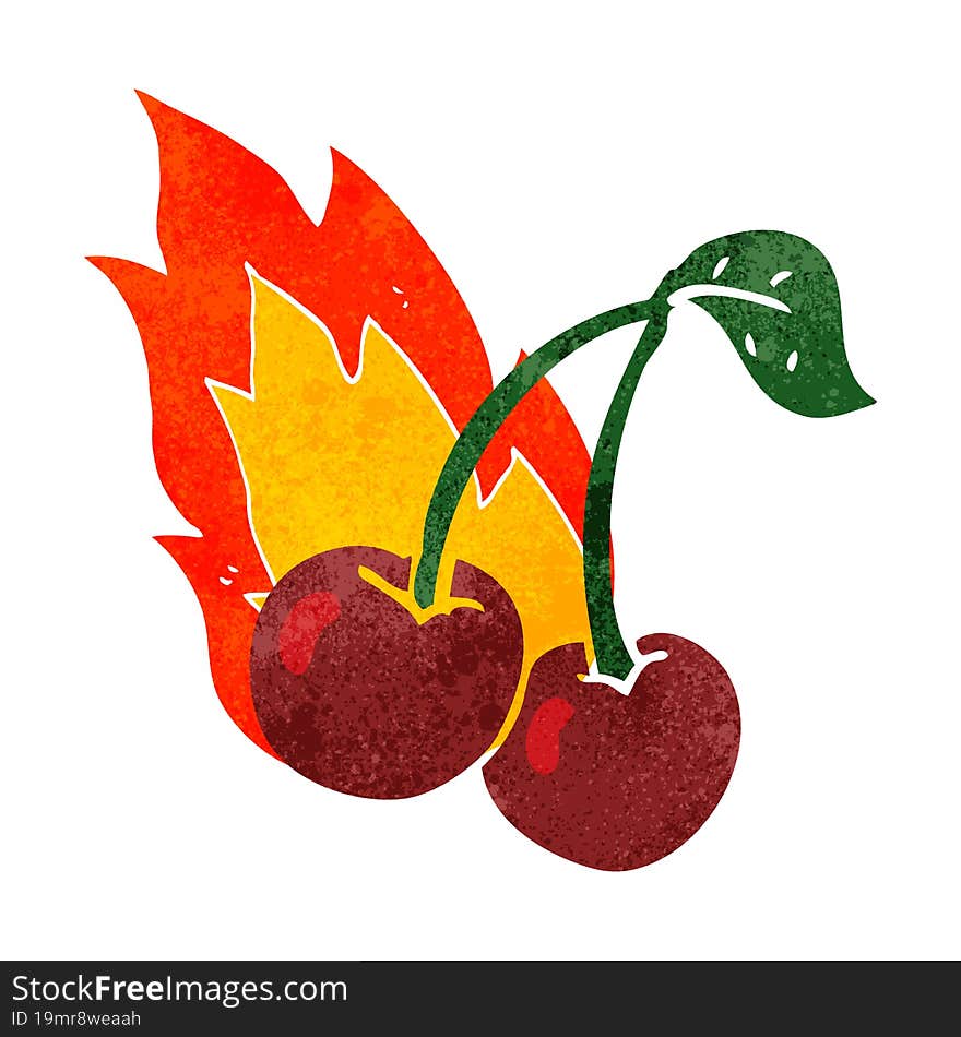 retro cartoon flaming cherries