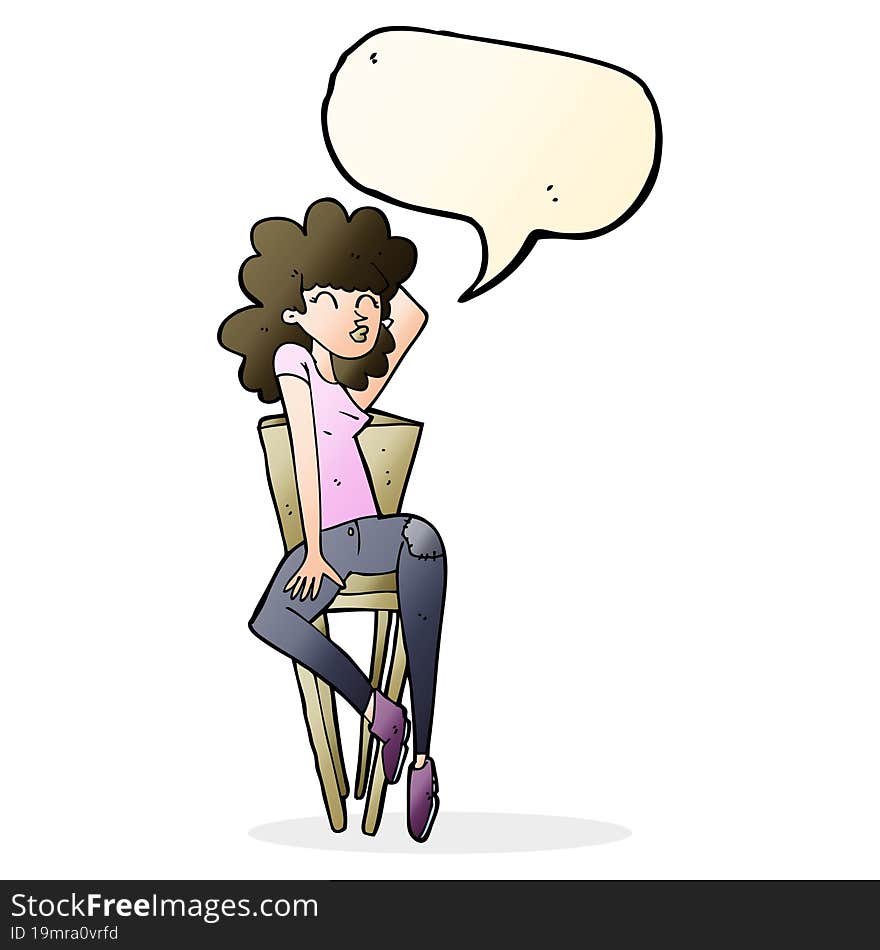 cartoon woman posing on chair with speech bubble