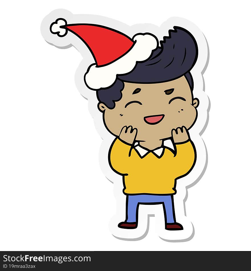 hand drawn sticker cartoon of a man laughing wearing santa hat