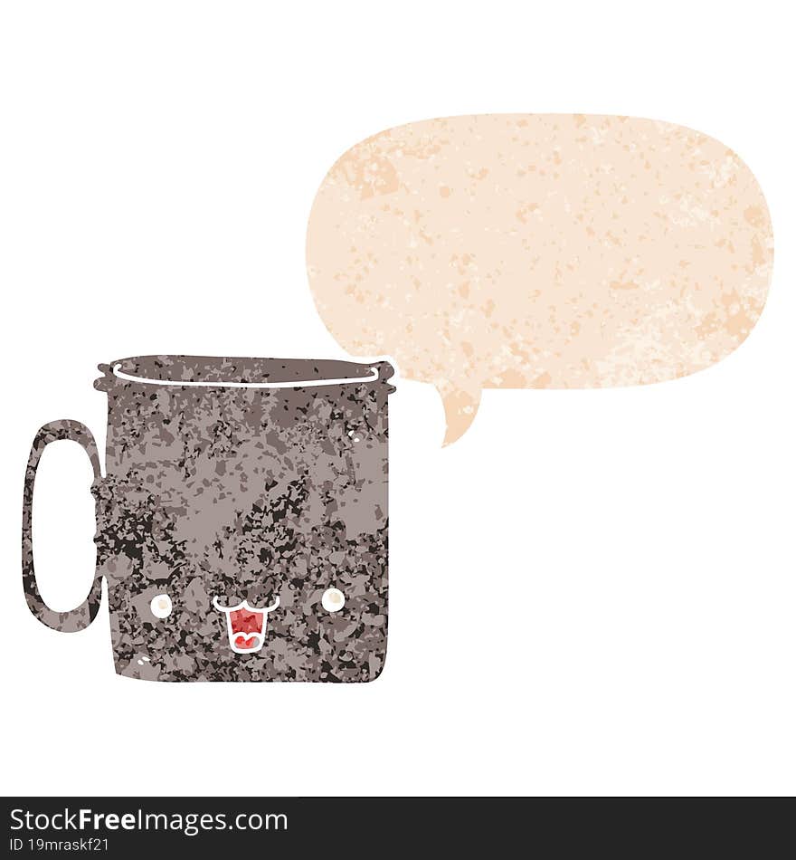 cartoon cup with speech bubble in grunge distressed retro textured style. cartoon cup with speech bubble in grunge distressed retro textured style