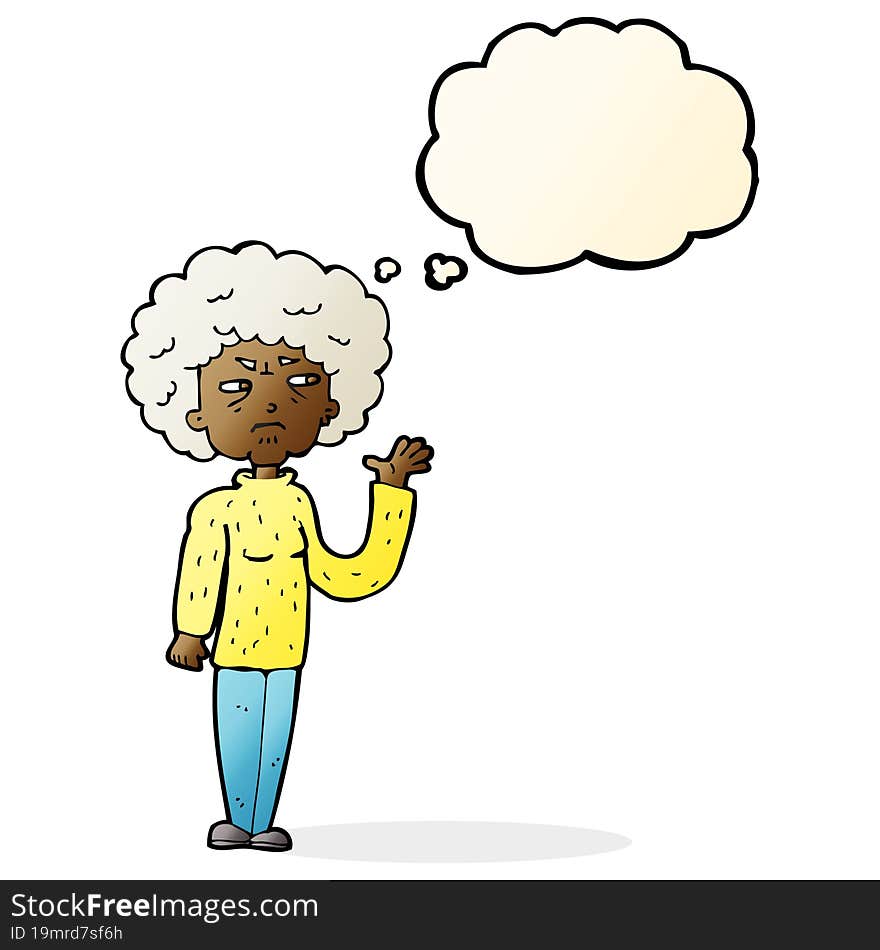 cartoon annoyed old woman waving with thought bubble