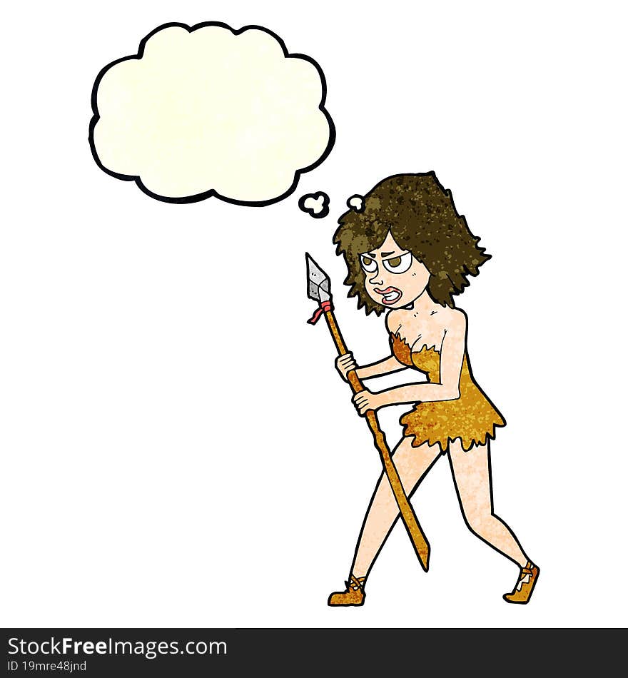 cartoon cave girl with thought bubble