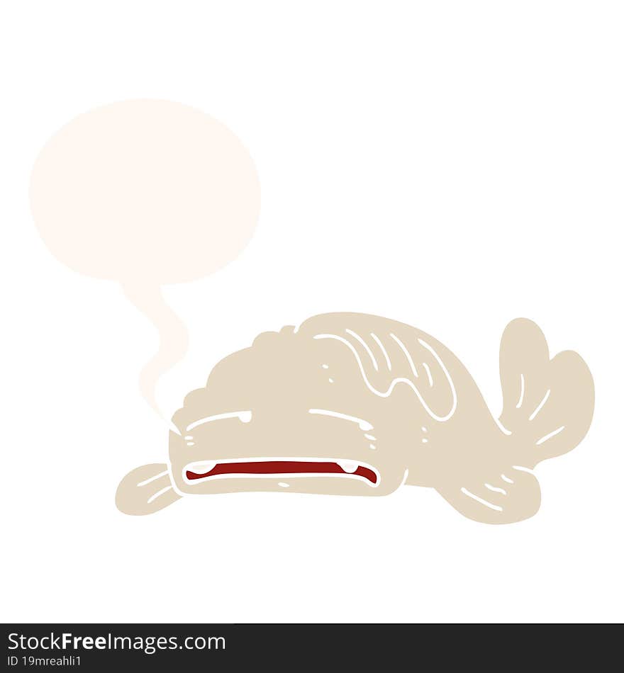 cartoon sad old fish and speech bubble in retro style