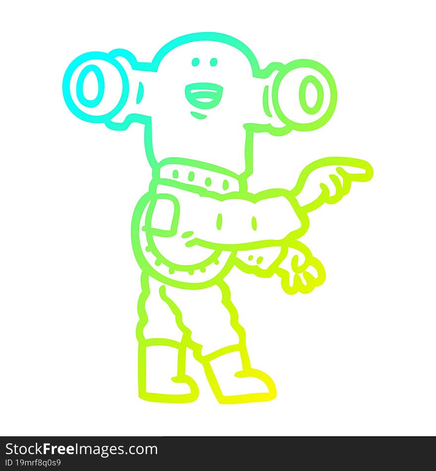 cold gradient line drawing of a friendly cartoon alien pointing