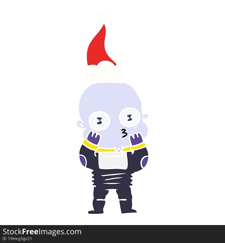 flat color illustration of a weird bald spaceman wearing santa hat