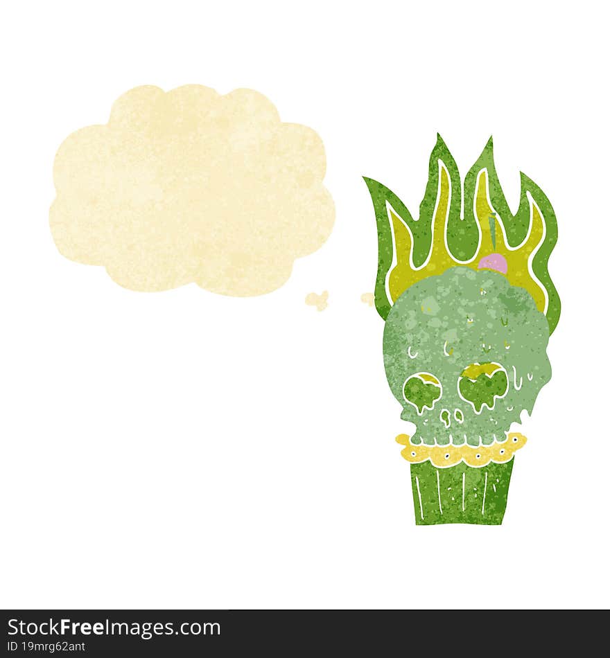 cartoon spooky skull cupcake with thought bubble