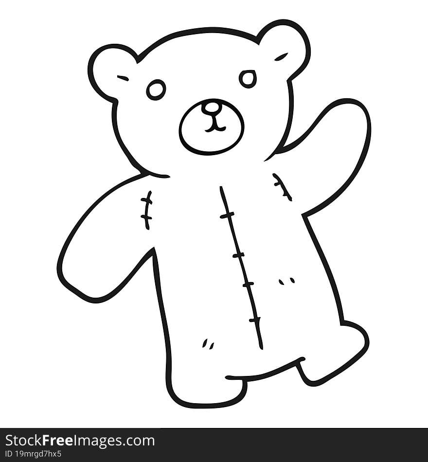 freehand drawn black and white cartoon teddy bear