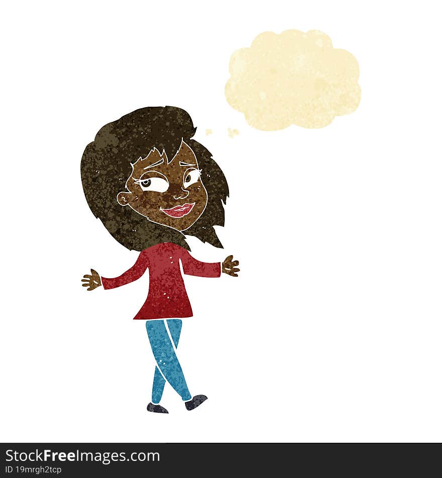 stress free woman cartoon with thought bubble