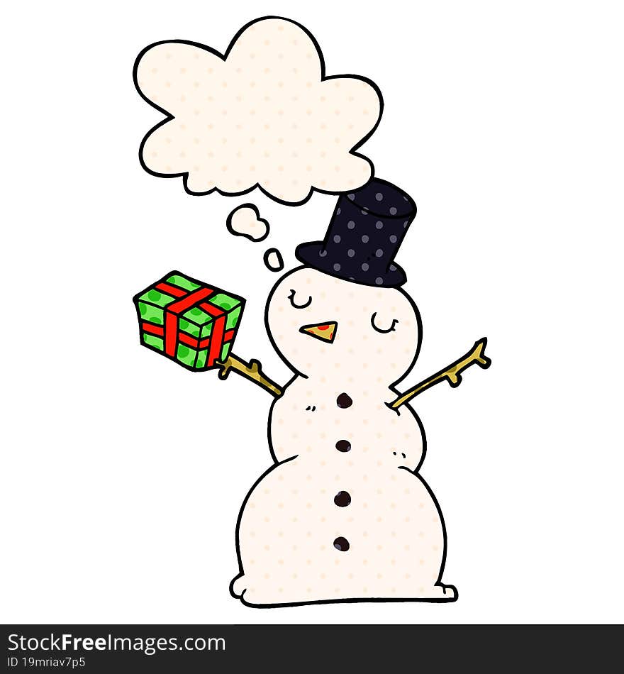 cartoon snowman and thought bubble in comic book style