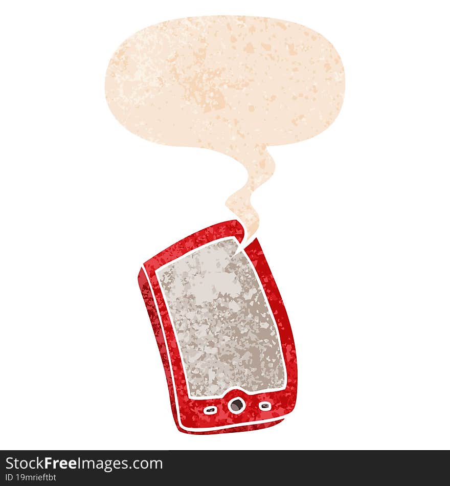 cartoon mobile phone and speech bubble in retro textured style