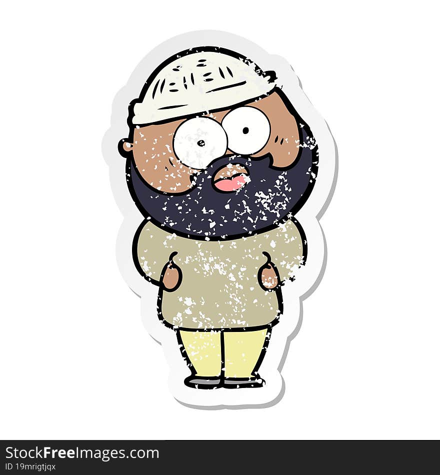 distressed sticker of a cartoon surprised bearded man