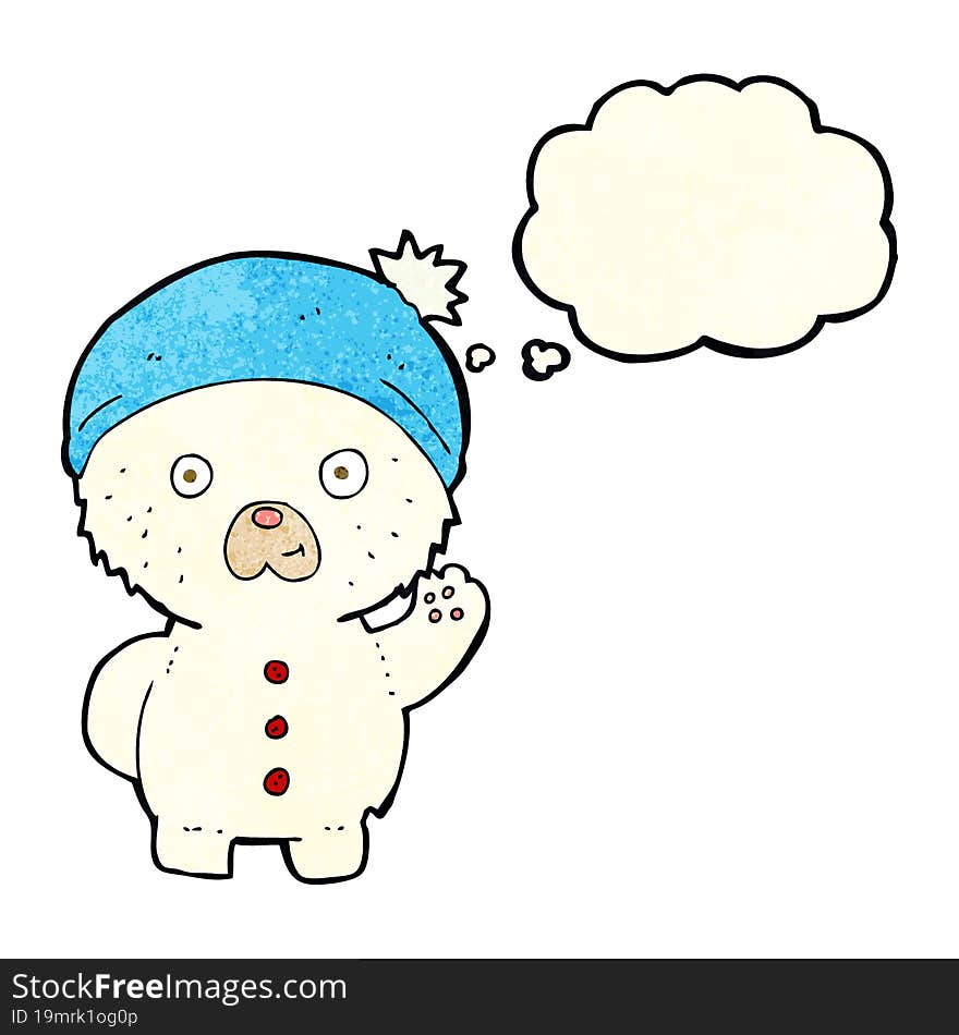 cartoon waving polar teddy bear in winter hat with thought bubble