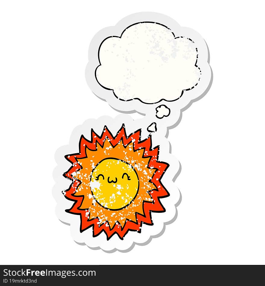 cartoon sun and thought bubble as a distressed worn sticker