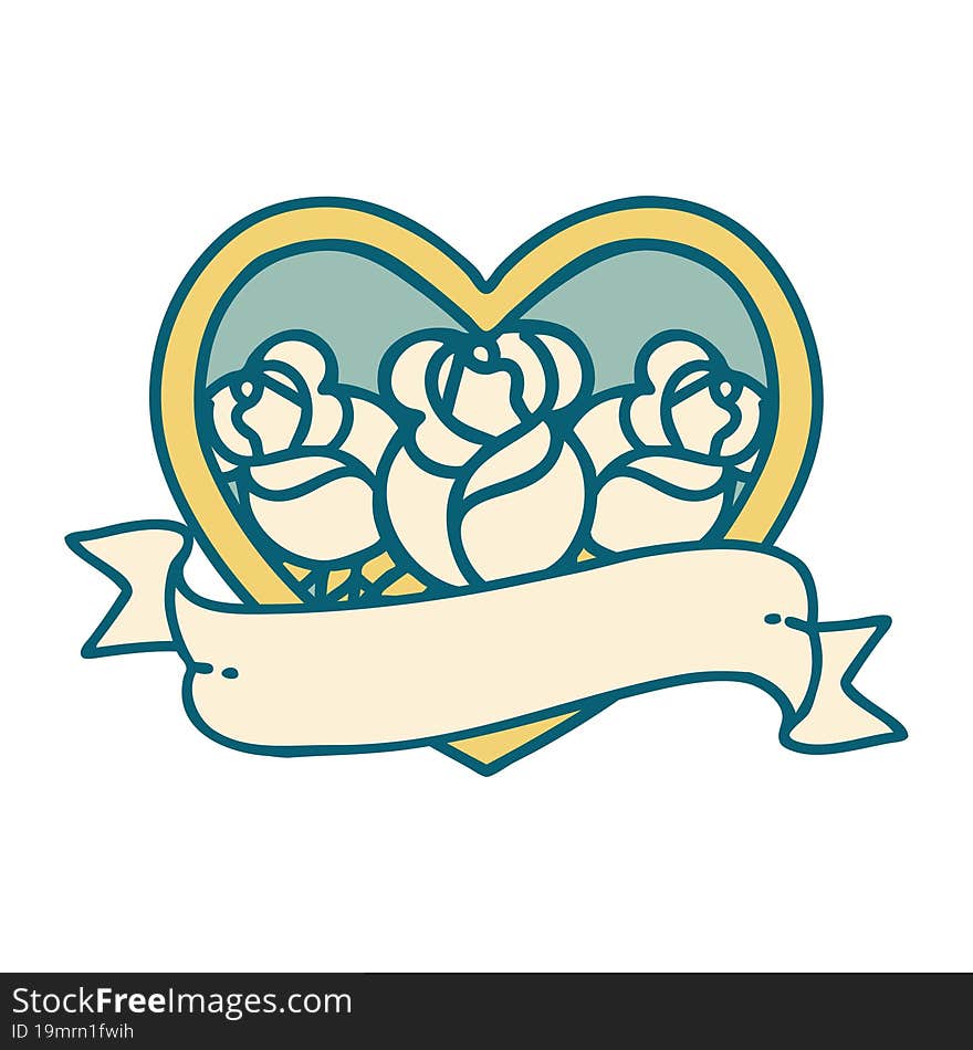 tattoo style icon of a heart and banner with flowers