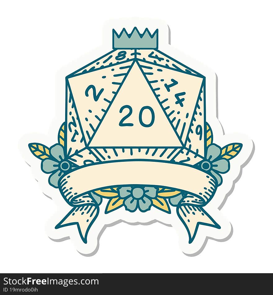 sticker of a natural 20 critical hit D20 dice roll. sticker of a natural 20 critical hit D20 dice roll